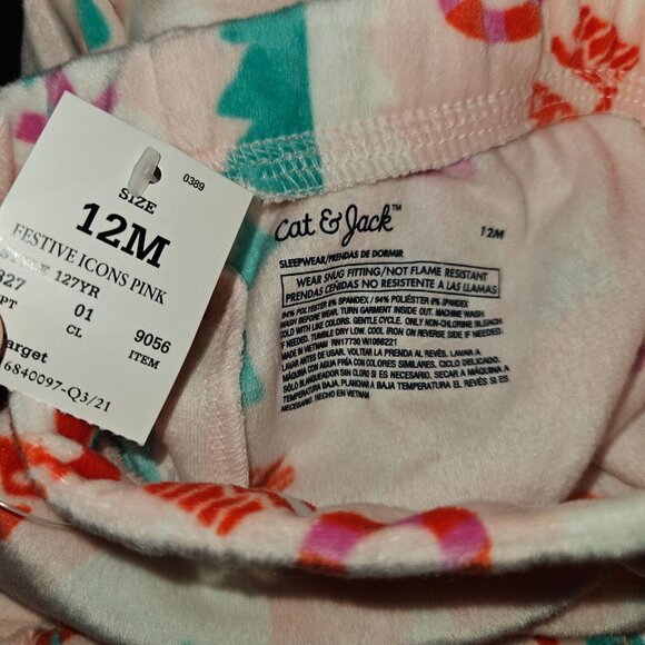 NEW Cat & Jack Christmas Pajama Set 2-Pc Baby Girl 12 Months Pink Festive Icons - Picture 3 of 10